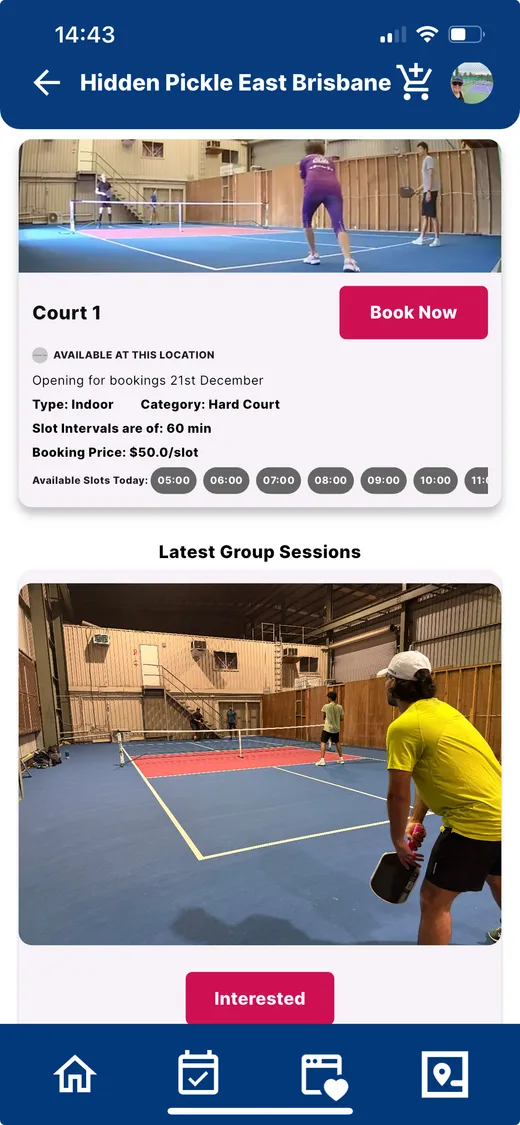 Pivot Sports app showing a venue's courts with a Book Now button