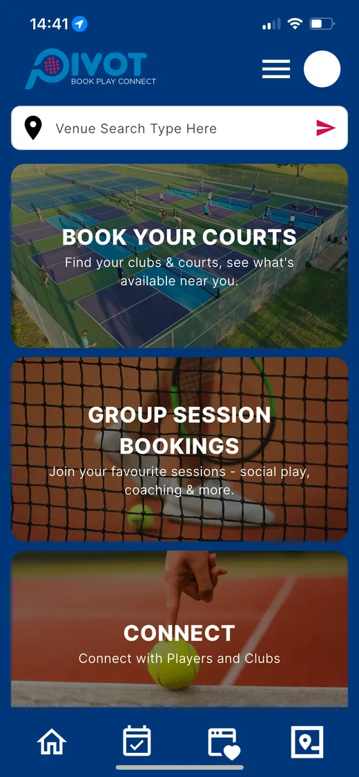 Pivot Sports app home screen with Book Your Courts, Group Session Bookings and Connect