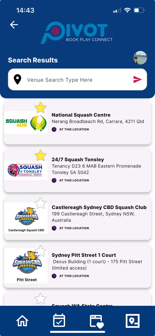 Pivot Sports app listing squash venues near the player